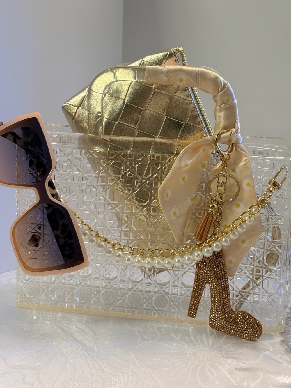 Gold Mini Jelly tote with gold wristlet and Jessica Simpson sunglasses - Picture 2 of 12